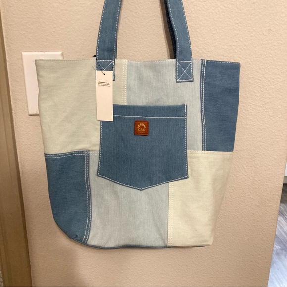 C & C California Denim Patchwork Tote with Pocket - Picture 3 of 11